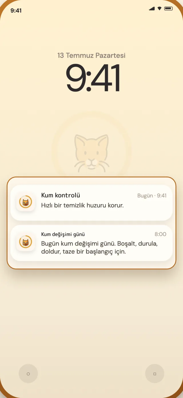 Telefon kilit ekranında CatLitter günlük ve tam değişim bildirimleri