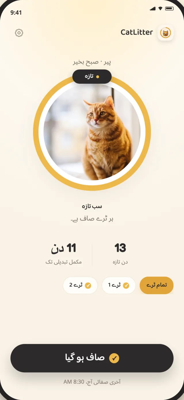 CatLitter ہوم اسکرین پر ہر ٹرے تازہ اور روزانہ صفائی درج کرنے کے لیے تیار ہے