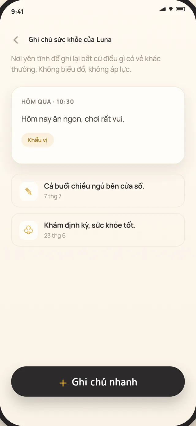 Ghi chú sức khỏe CatLitter cho một bé mèo, được lưu riêng tư trên thiết bị