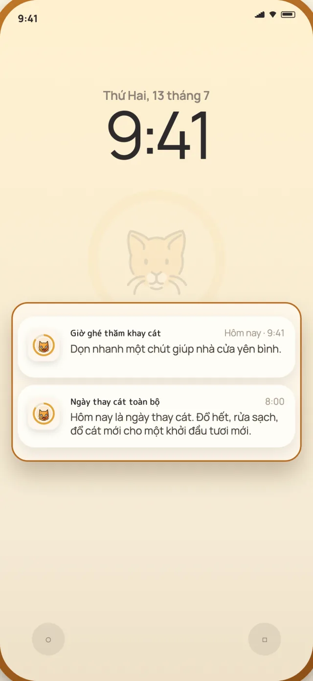 Thông báo dọn khay hằng ngày và thay cát toàn bộ của CatLitter trên màn hình khóa điện thoại