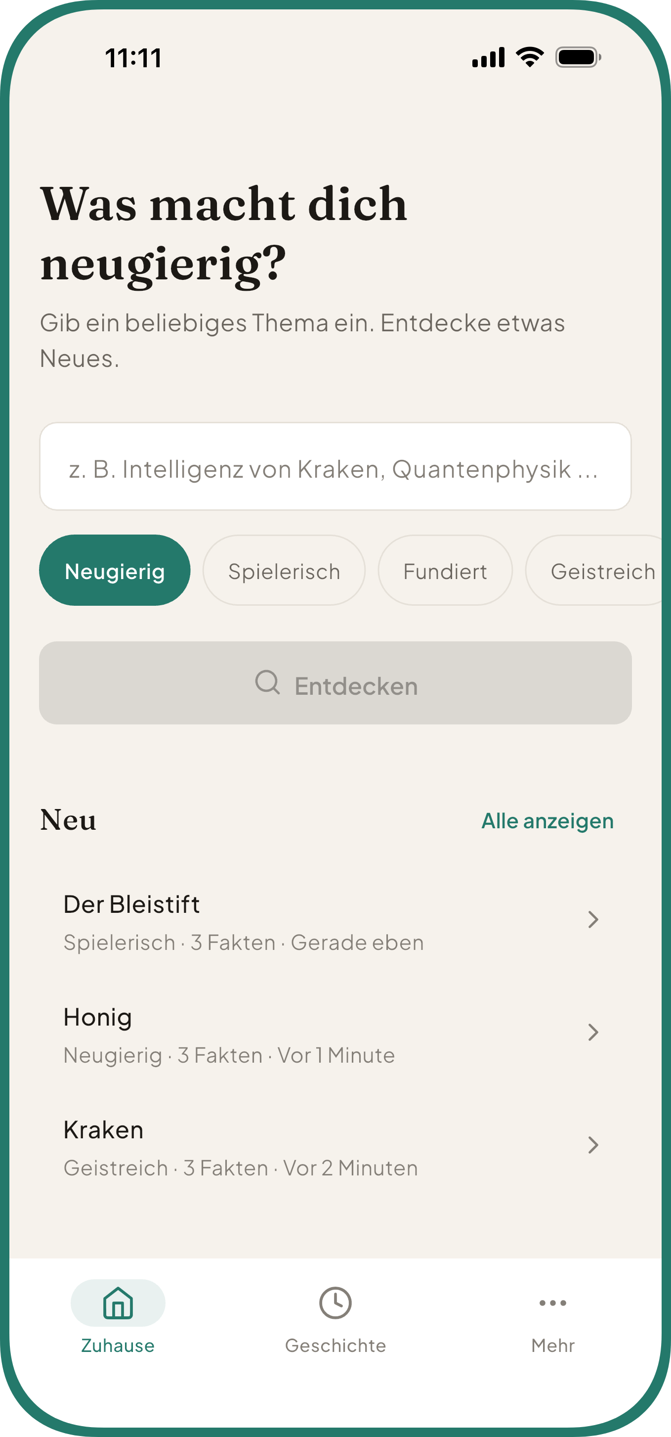 Startbildschirm der Curio App für interessante Fakten mit Themenfeld, fünf Stilen und letzten Entdeckungen