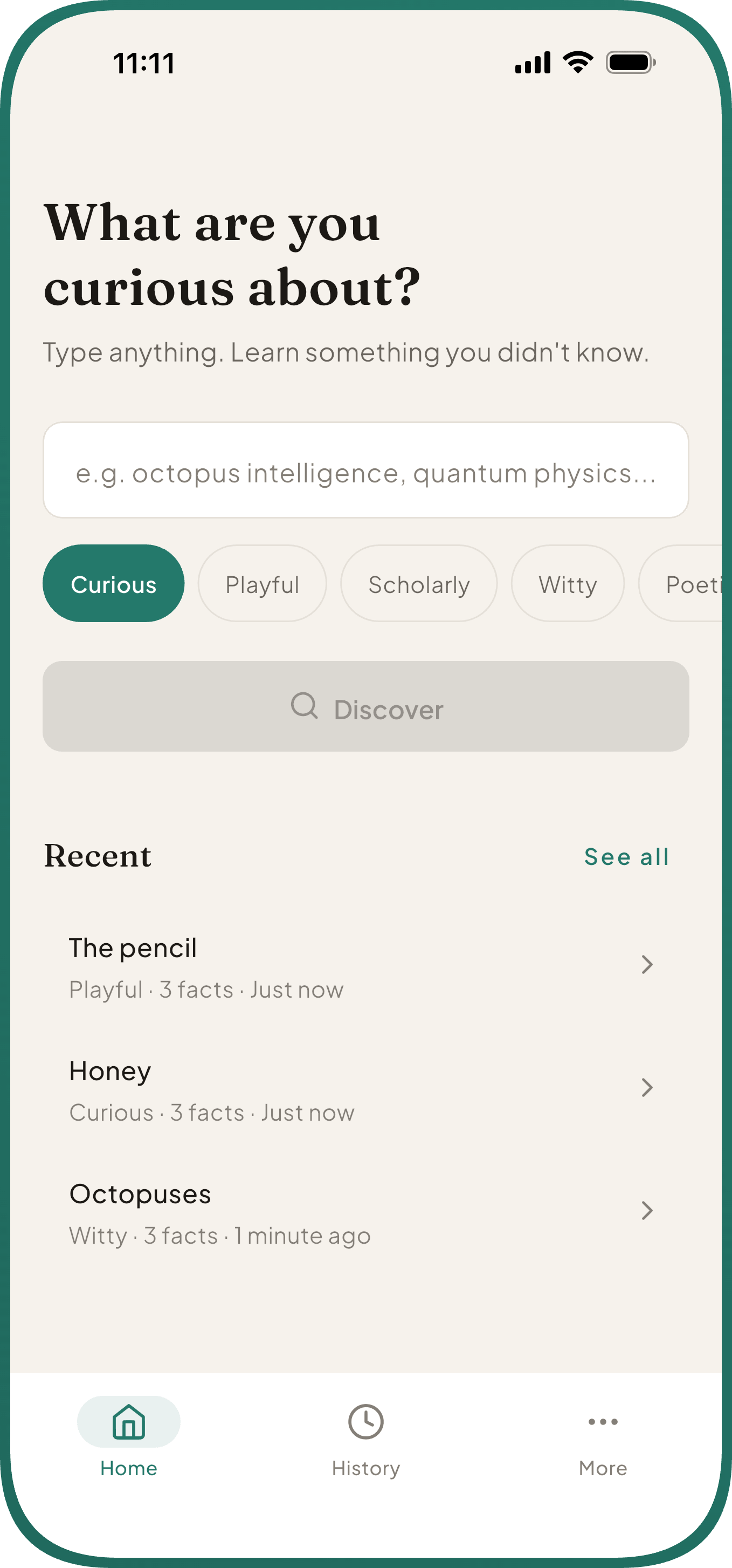 Curio app home screen