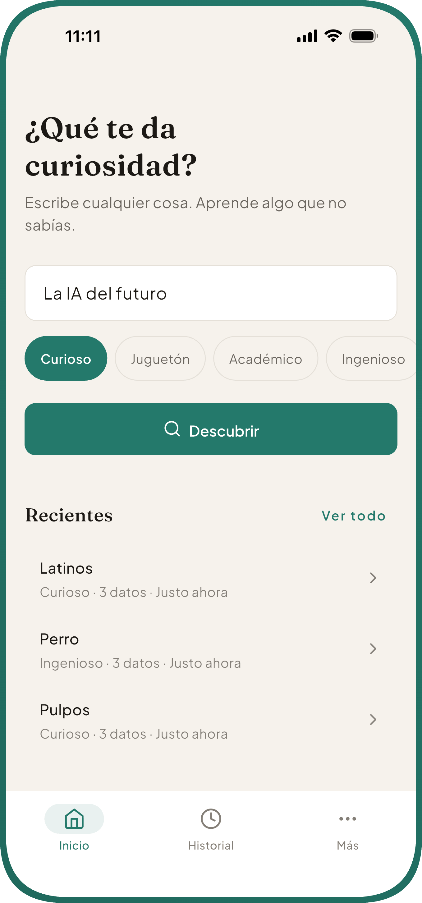 Pantalla principal de Curio