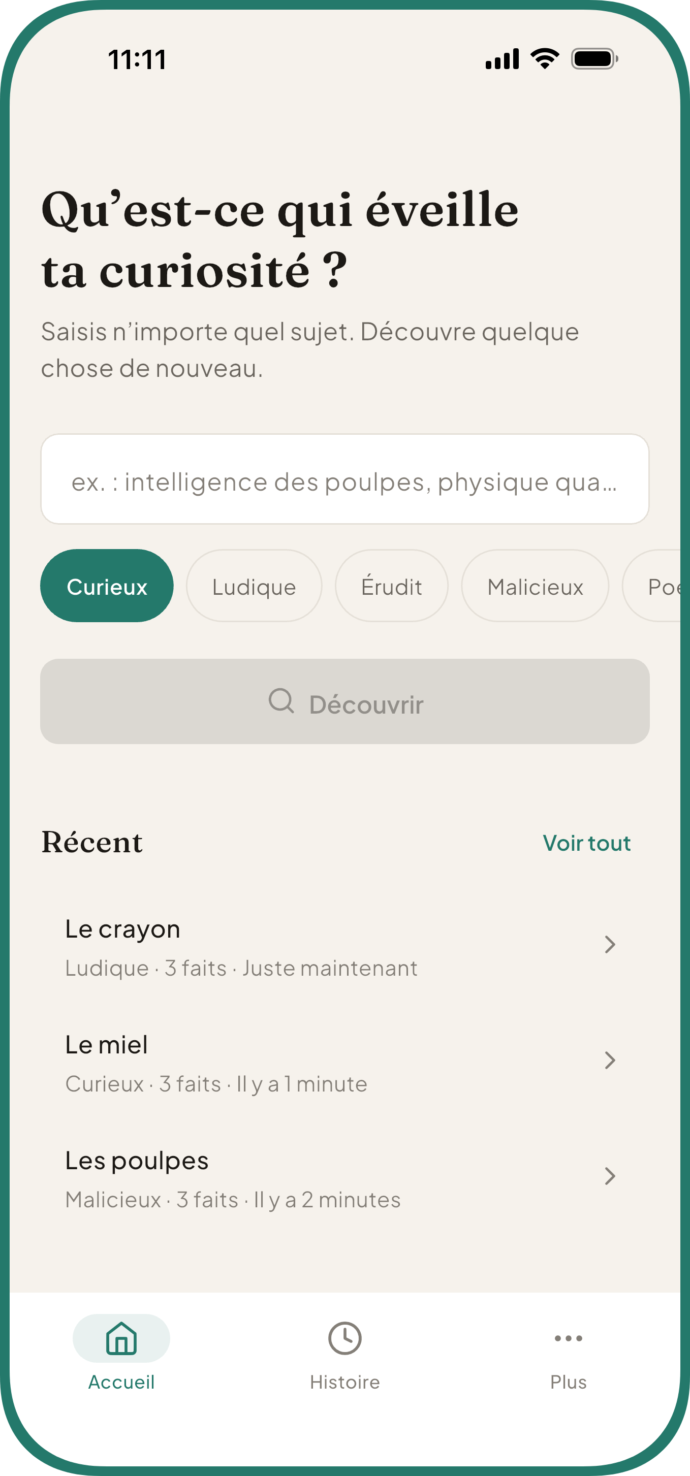 Écran d’accueil de l’app de faits insolites Curio, avec champ de sujet, cinq tons et découvertes récentes