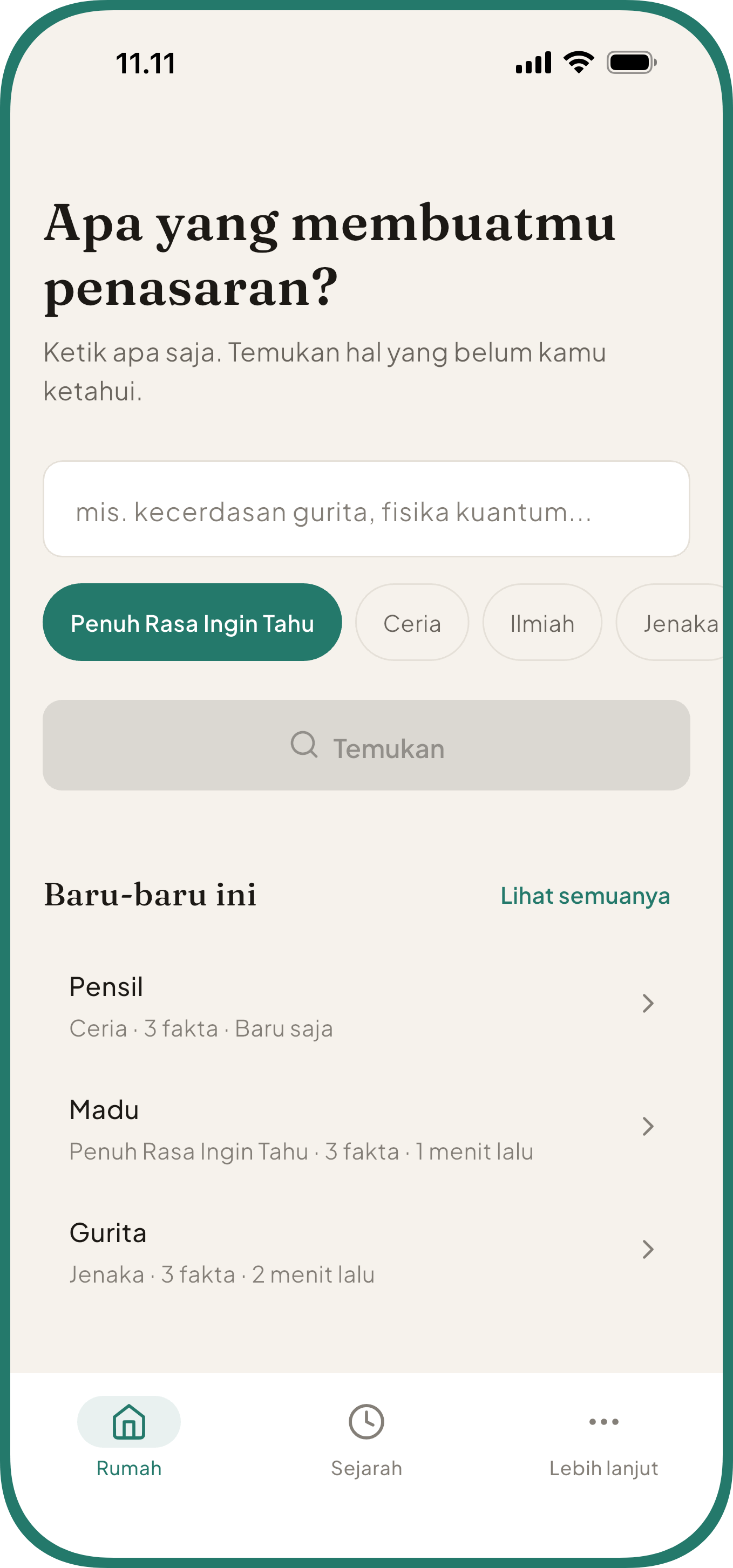 Layar utama aplikasi pengetahuan umum Curio dengan kolom topik, lima gaya, dan riwayat penemuan