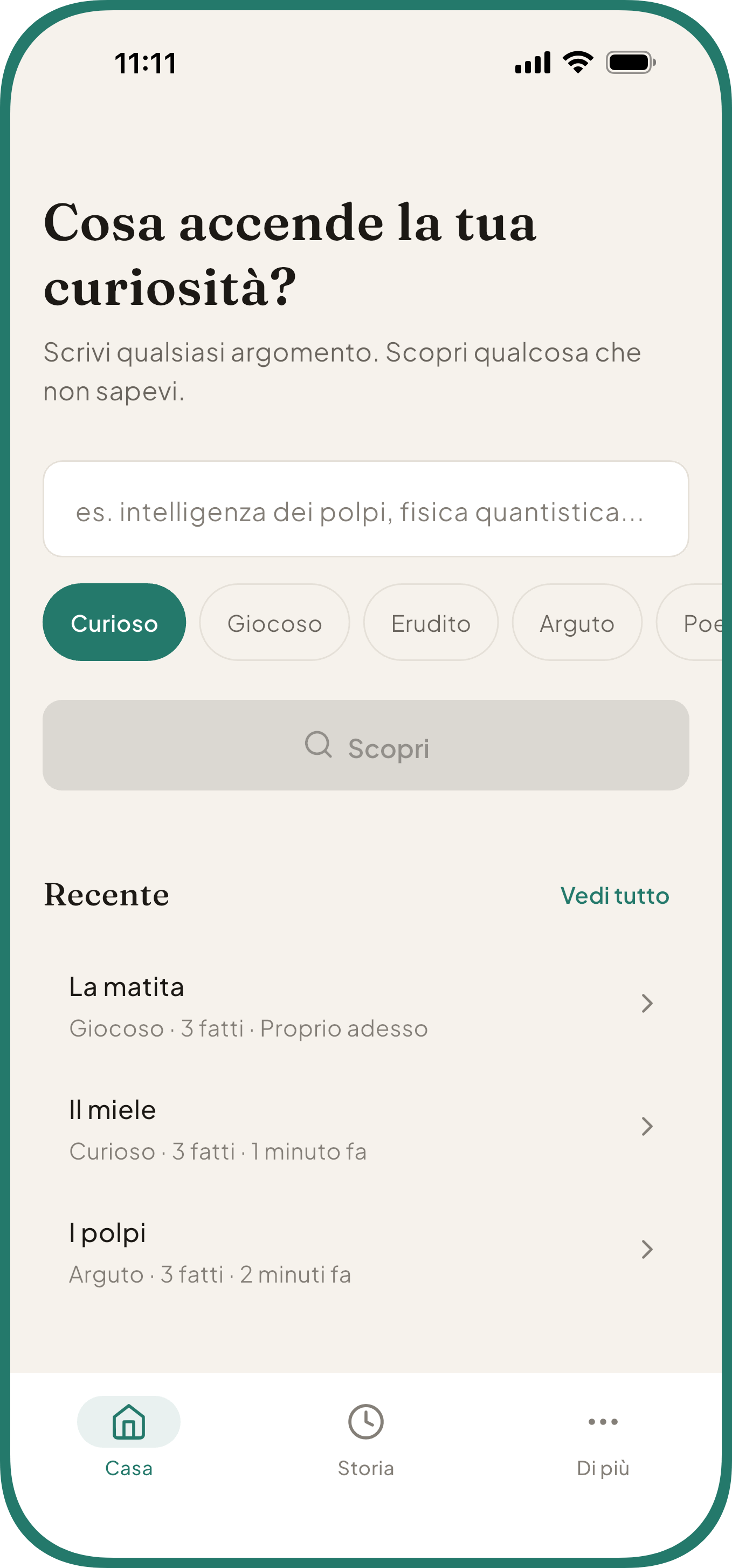 Schermata iniziale di Curio per fatti interessanti con campo argomento, cinque toni e scoperte recenti