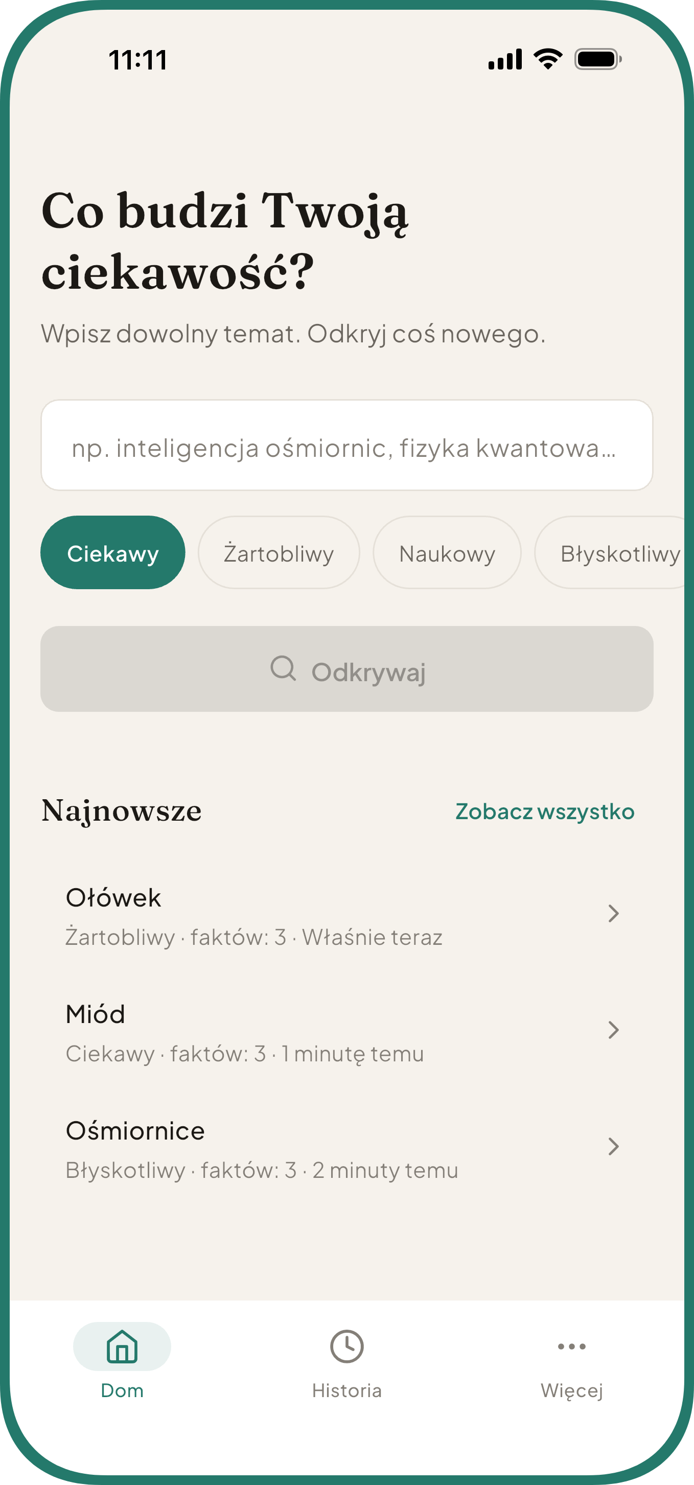 Ekran główny Curio — ciekawostki, pole tematu, pięć stylów i ostatnie odkrycia