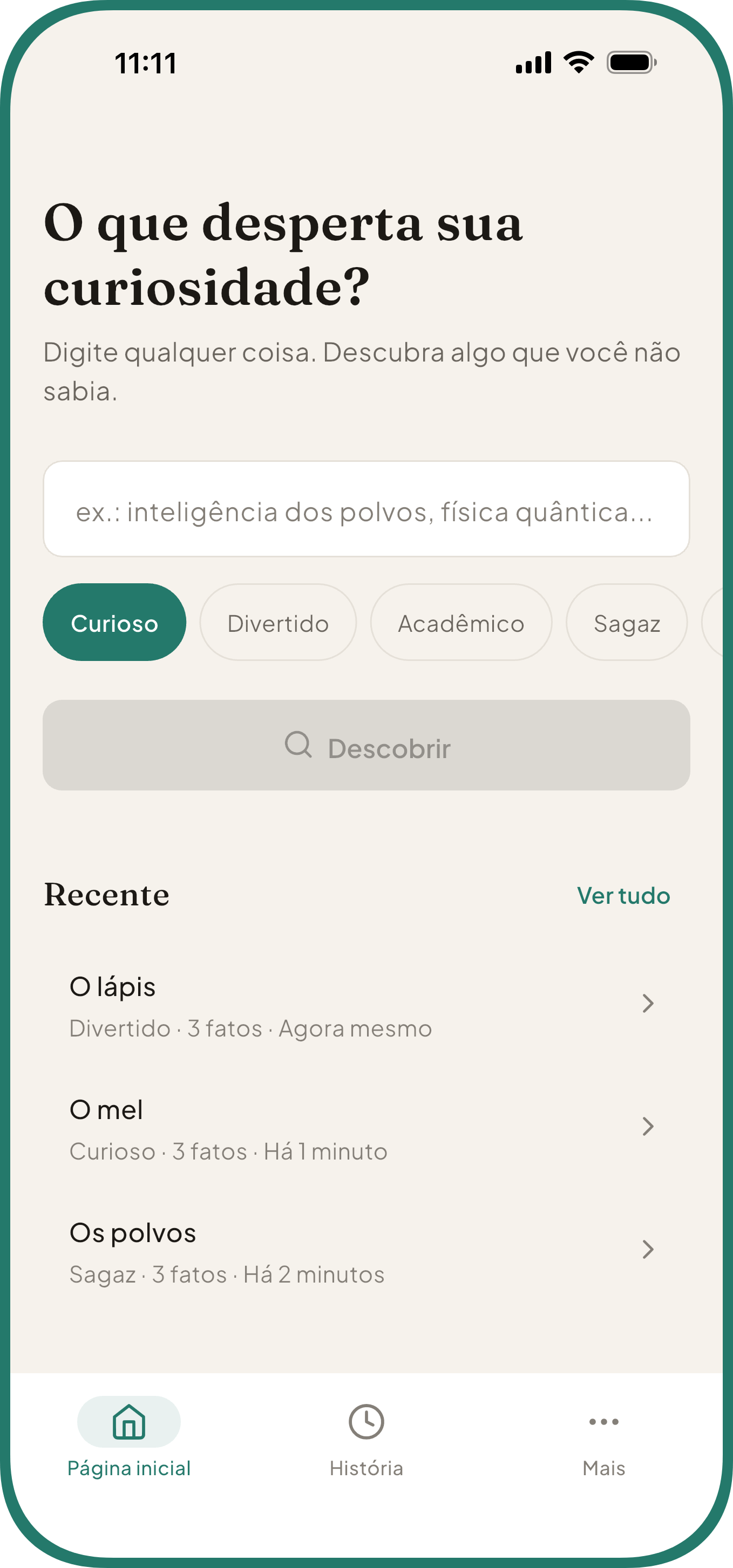 Tela inicial do app Curio de fatos curiosos, com campo de assunto, cinco tons e descobertas recentes