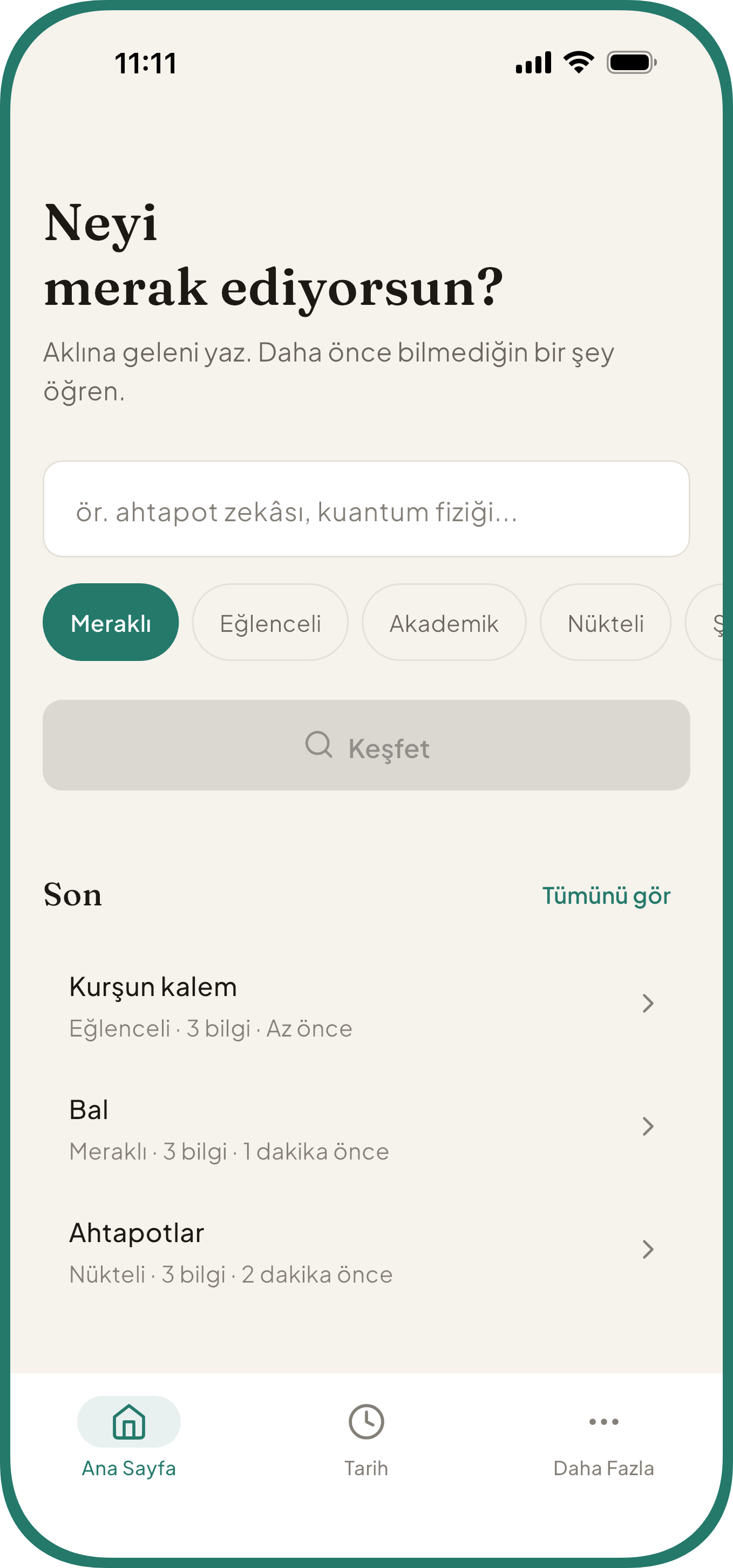 Konu alanı, beş anlatım tarzı ve son keşifleri gösteren Curio ilginç bilgiler uygulaması ana ekranı