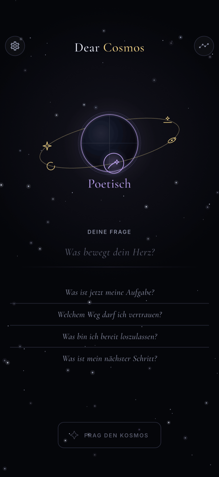 Orbitale Auswahl der sechs Antworttöne in Dear Cosmos