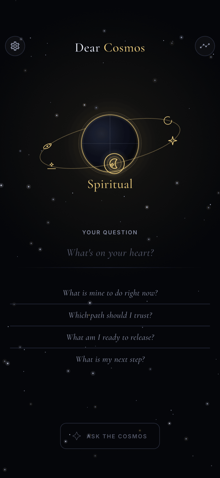 Dear Cosmos ask screen with the orbital tone selector set to Spiritual