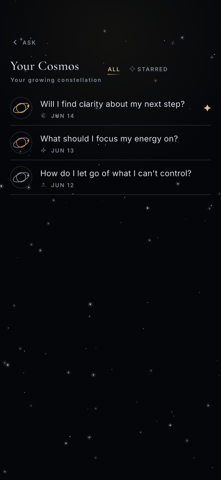 Your Cosmos manifestation journal listing saved answers from the universe, newest first, with starred favorites