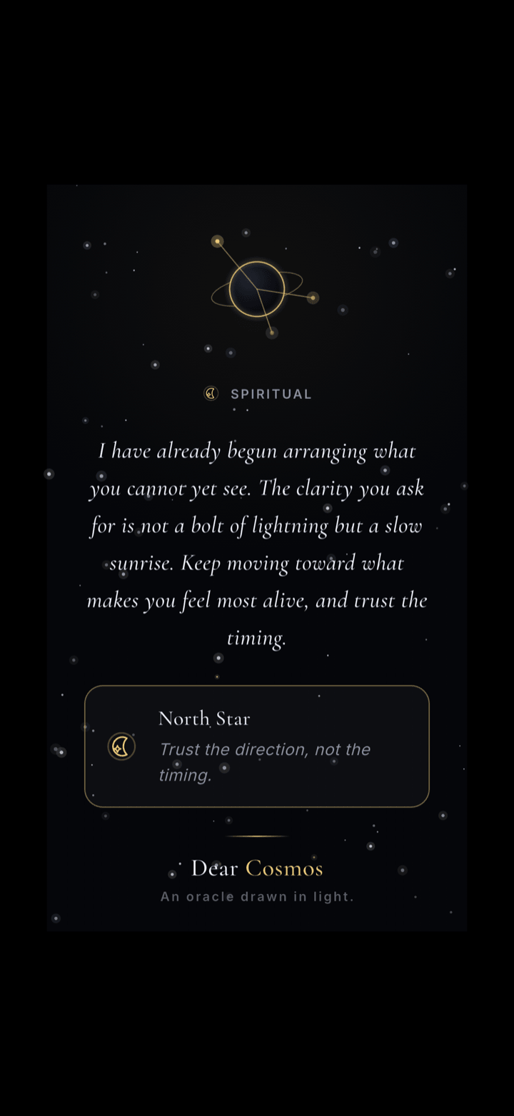 A cosmic share card rendered on the living sky, the question kept private