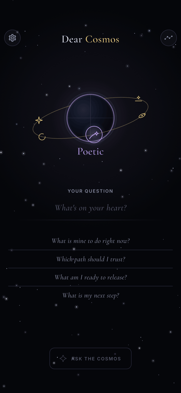 The orbital tone selector in Dear Cosmos showing six oracle tones, from Spiritual to Zen