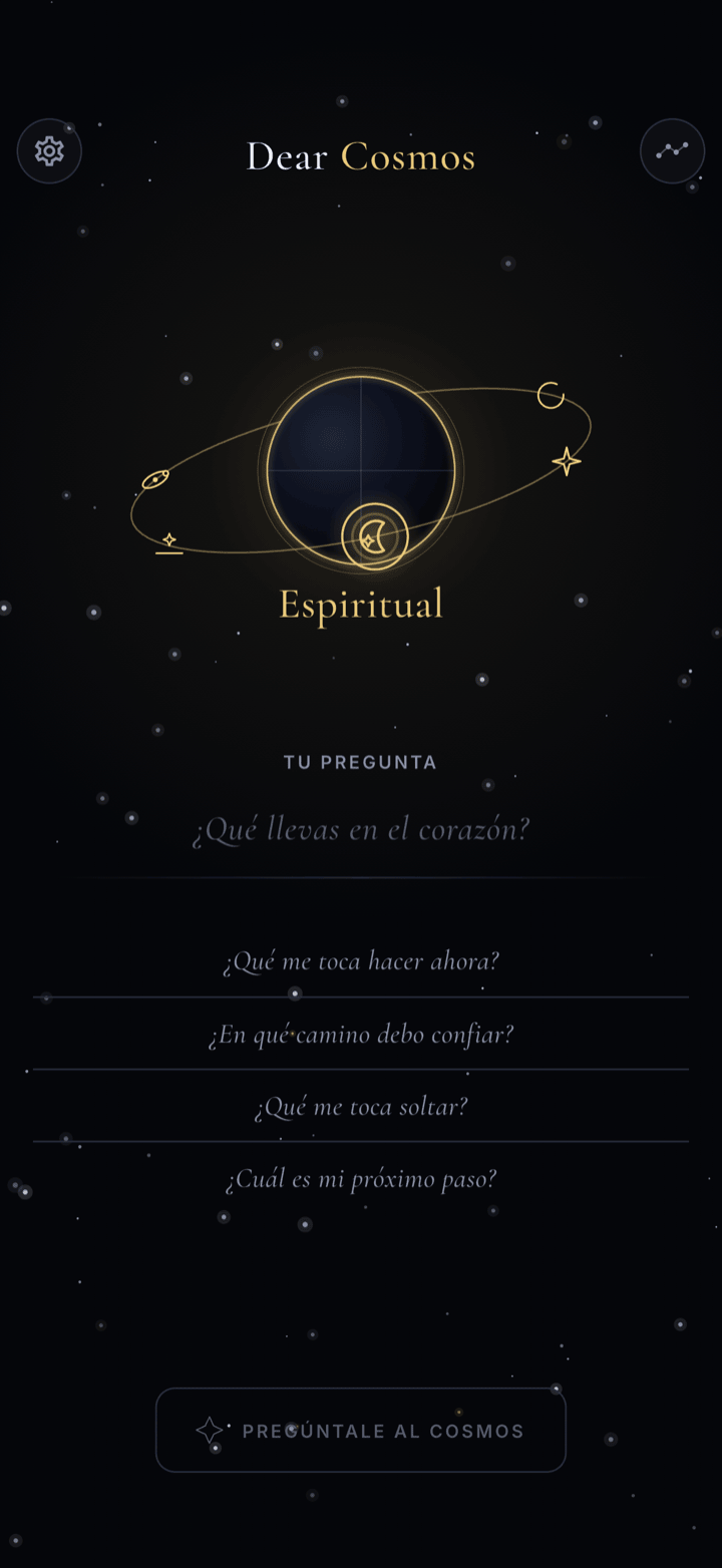 Pantalla para preguntar de Dear Cosmos con el selector de tono orbital en Espiritual