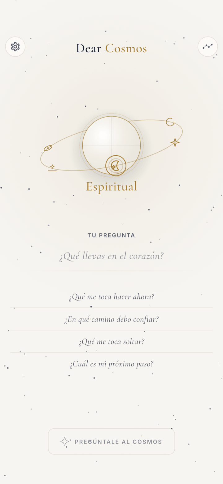 La app oráculo Dear Cosmos en el tema claro Daybreak, pantalla de pregunta