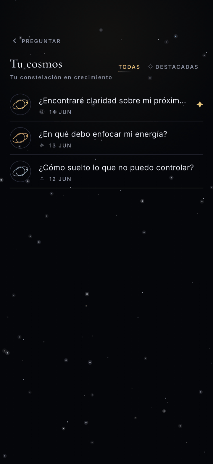 El diario de manifestación Tu Cosmos con las respuestas guardadas del universo, las más nuevas primero, y las favoritas con estrella