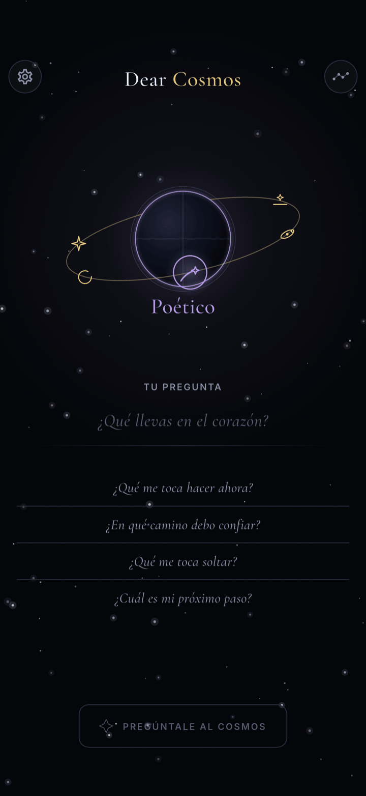 El selector de tono orbital en Dear Cosmos con los seis tonos del oráculo, de Espiritual a Zen