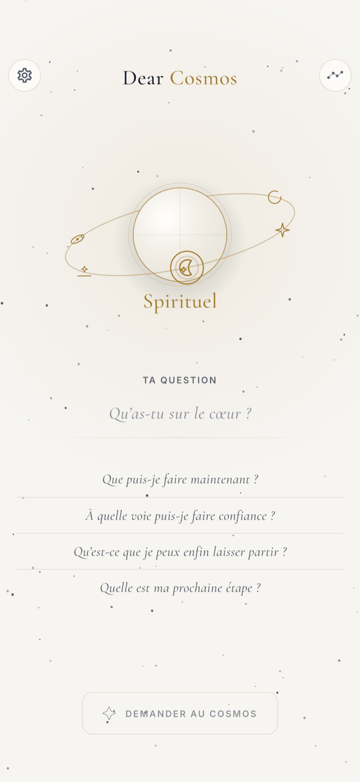Écran de question Dear Cosmos dans le thème clair Aube