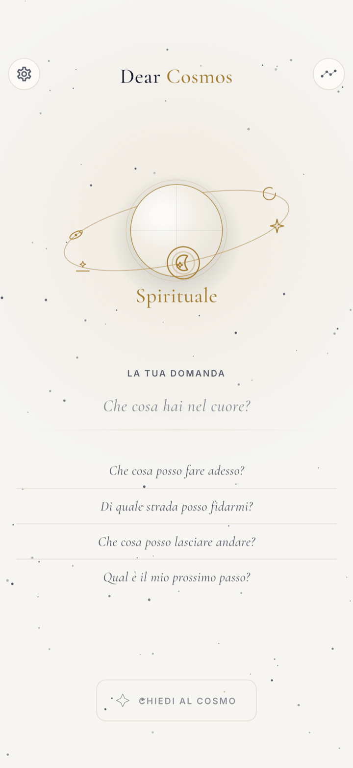 Schermata di domanda Dear Cosmos nel tema chiaro Alba
