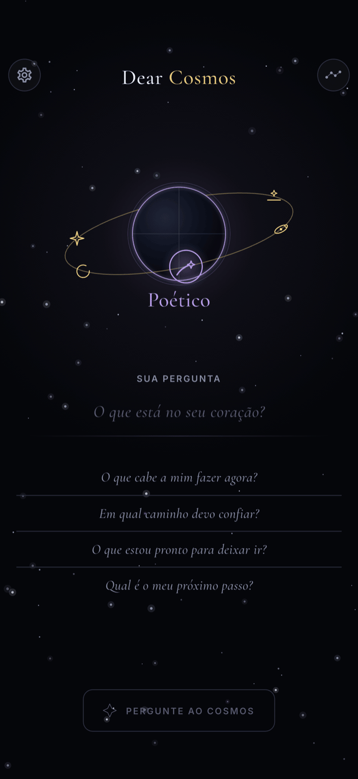 Seletor orbital do Dear Cosmos com seis tons para a resposta do cosmos