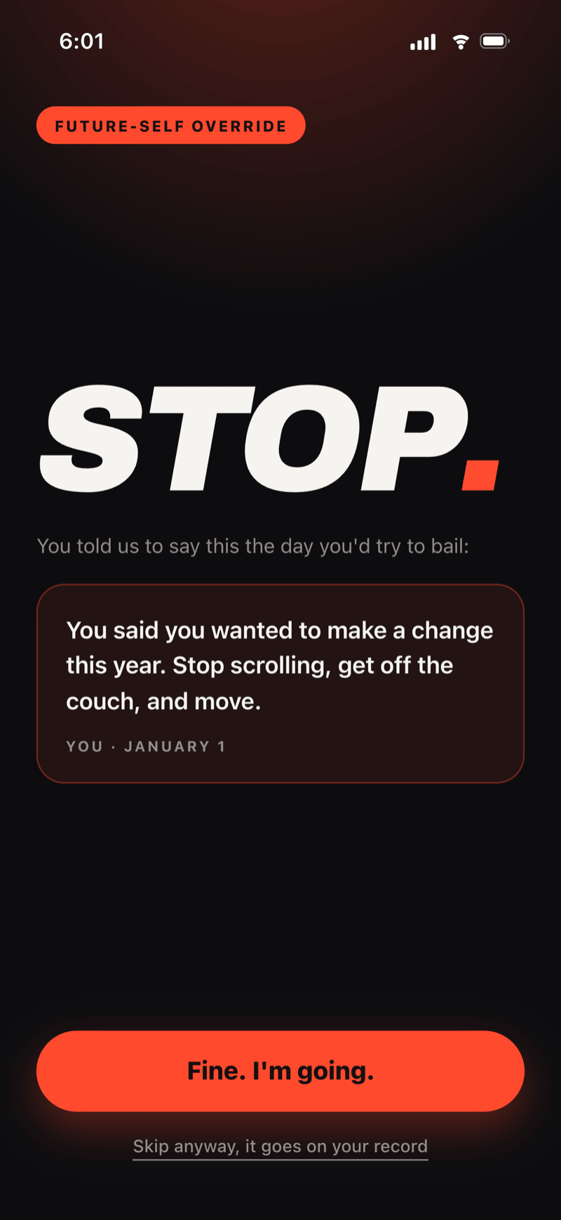 GymNow workout motivation override telling the user to stop and remember their reason