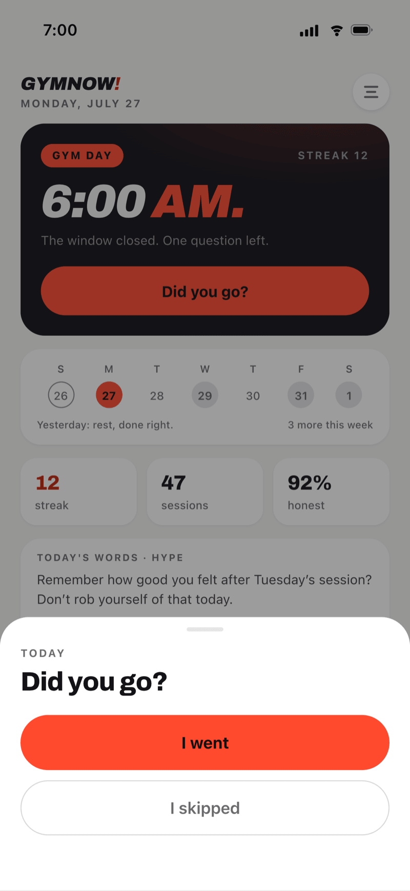 GymNow gym attendance tracker asking did you go with I went and I skipped answers