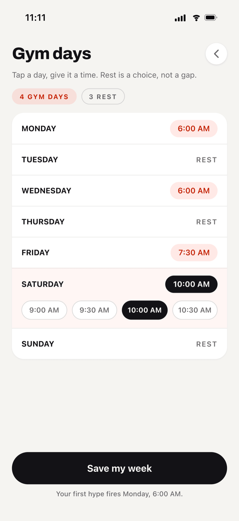 GymNow workout reminder schedule with a different gym alarm for each training day