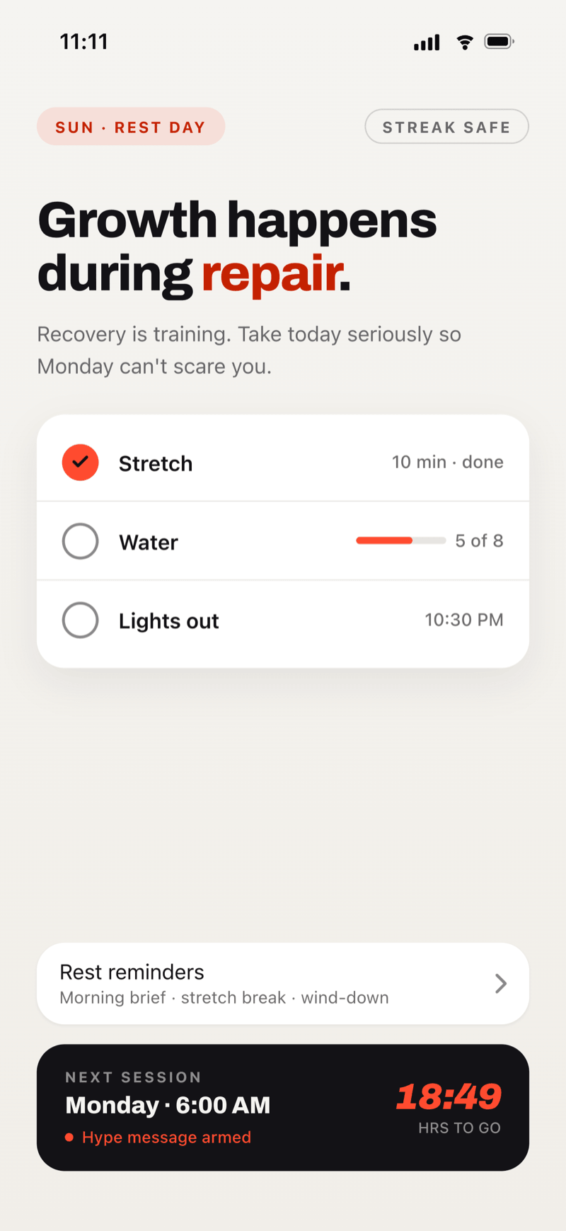 GymNow rest day screen with a recovery checklist and countdown to the next gym session