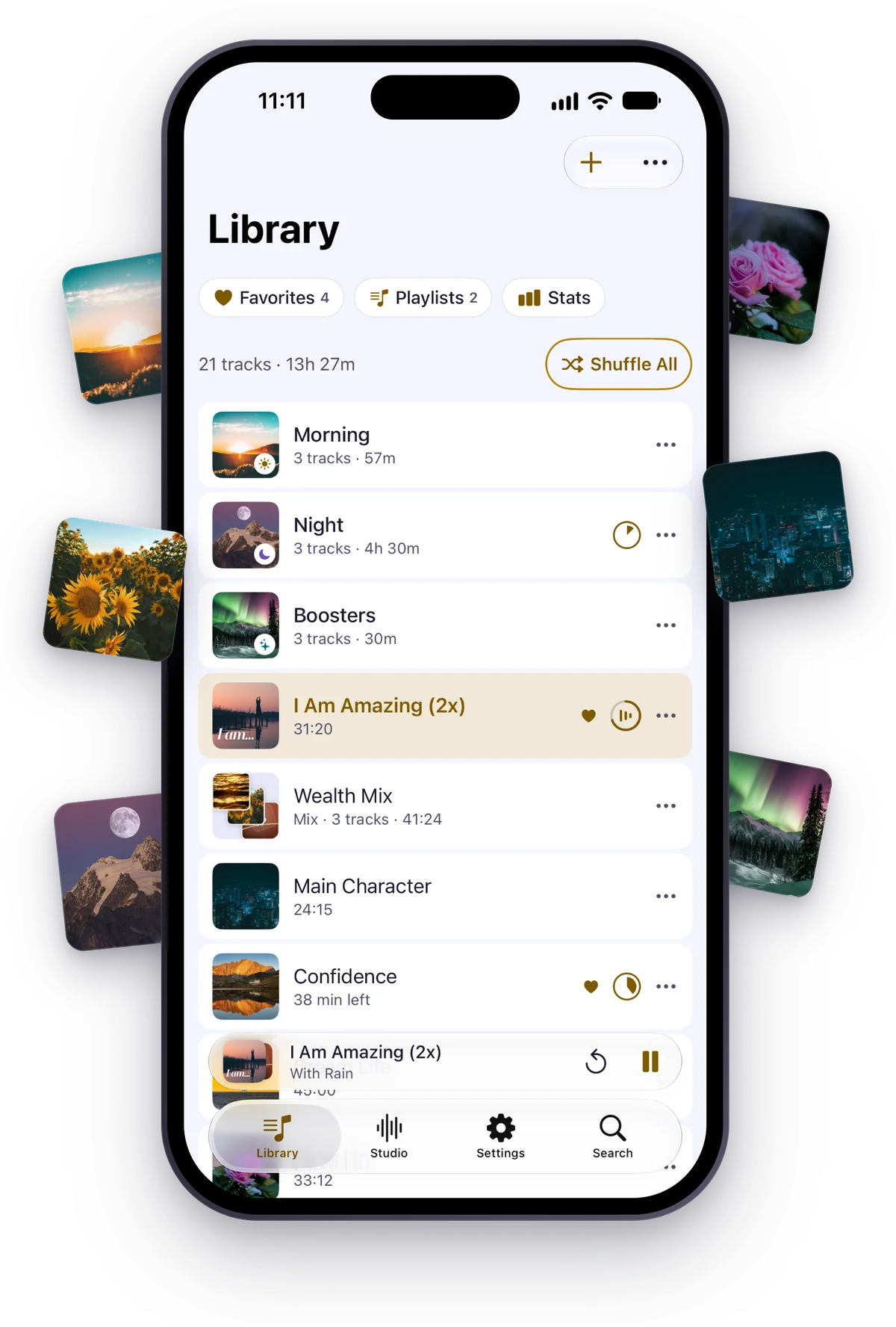 The Library in Inscrybe: folders, a Mix and tracks with their covers, “I Am Amazing (2x)” playing