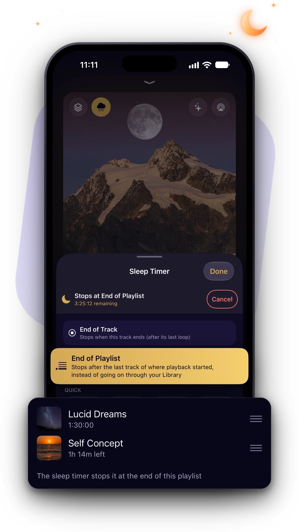 The Sleep Timer set to stop at the end of the playlist “Before Bed”, with Up Next below