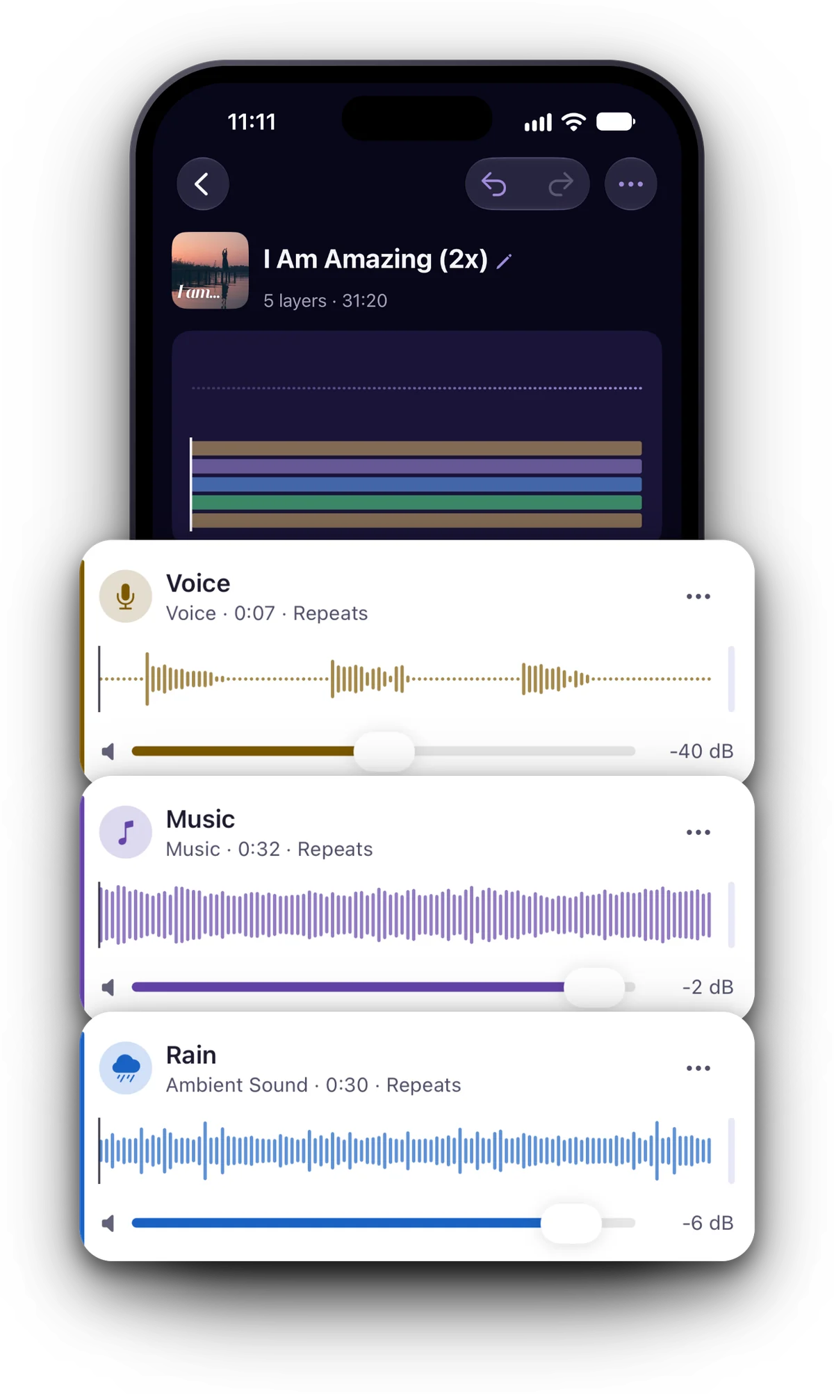A subliminal project in Inscrybe’s Studio: its Voice, Music and Rain layers with their waveforms and volumes