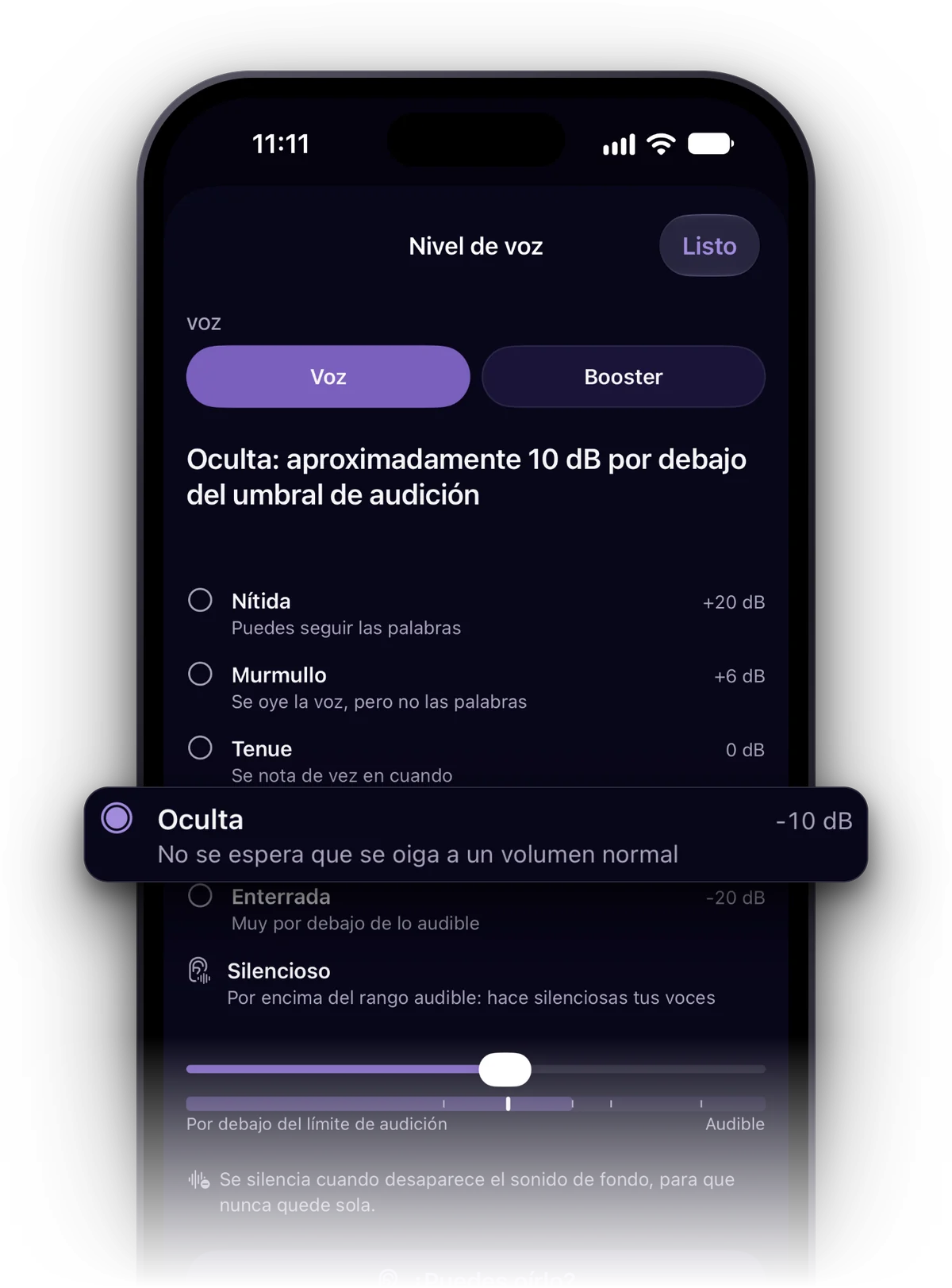 Nivel de voz aplicado a la voz de un proyecto, en Oculta
