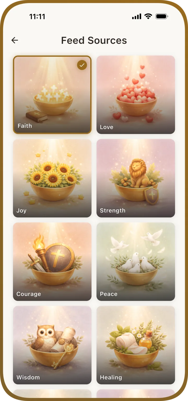 Manna category screen with faith-centered topics
