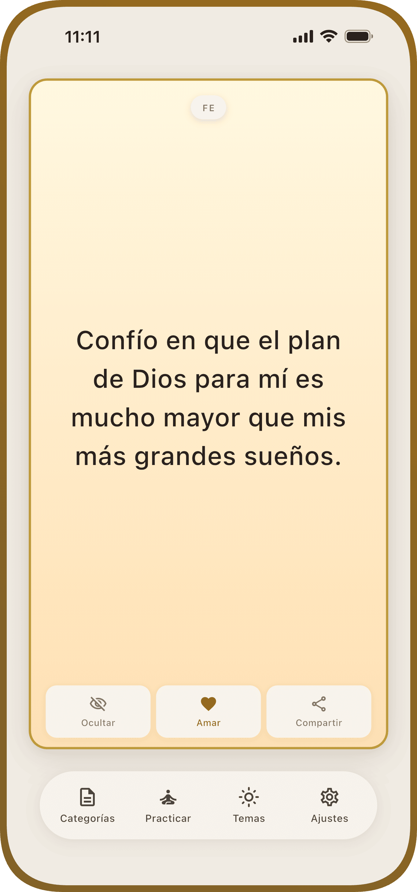 Pantalla principal de Manna con tarjeta de afirmación bíblica