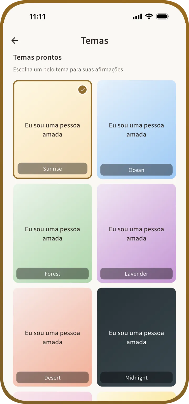 Tela de temas do Manna com opções de cores claras e escuras