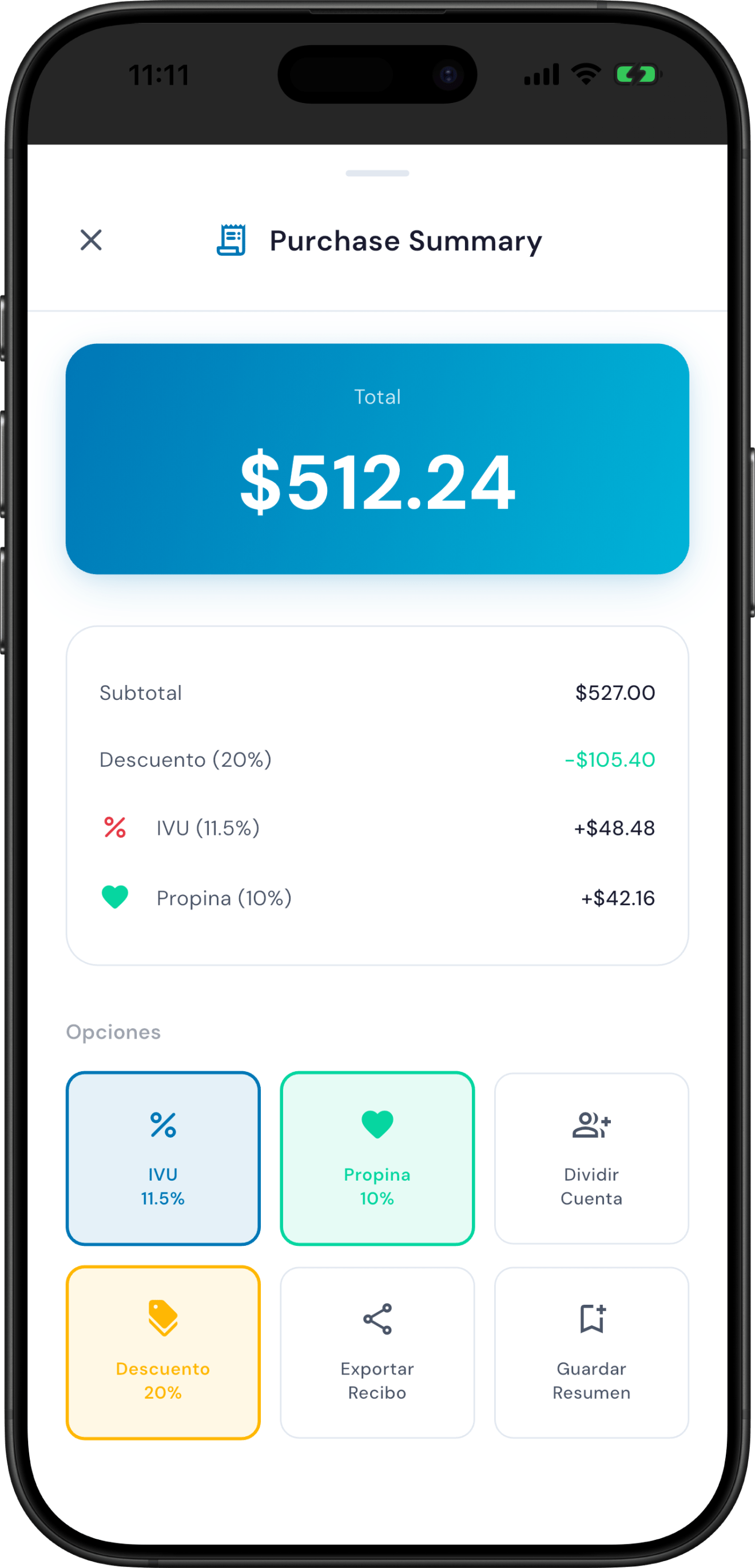 Purchase summary screen showing detailed breakdown of tax, tip, discount and total