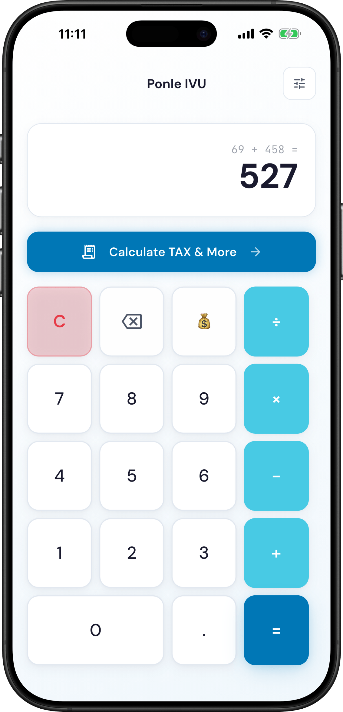 Ponle TAX calculator app showing a simple, elegant interface for calculating taxes