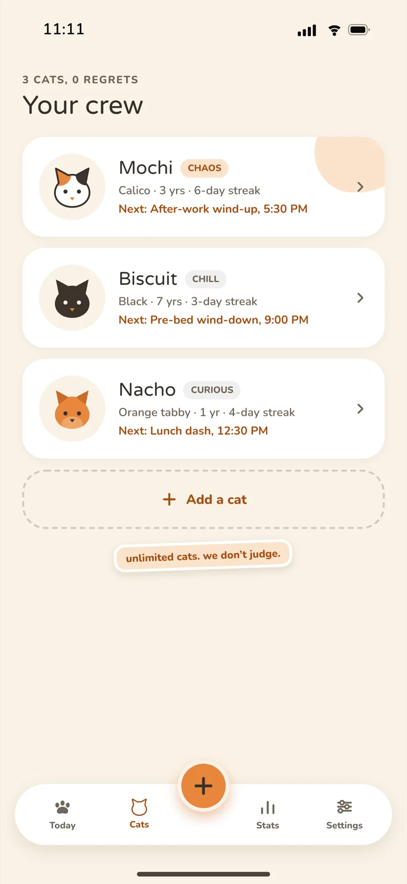 PurrPlay crew screen with three cat profiles and individual play schedules