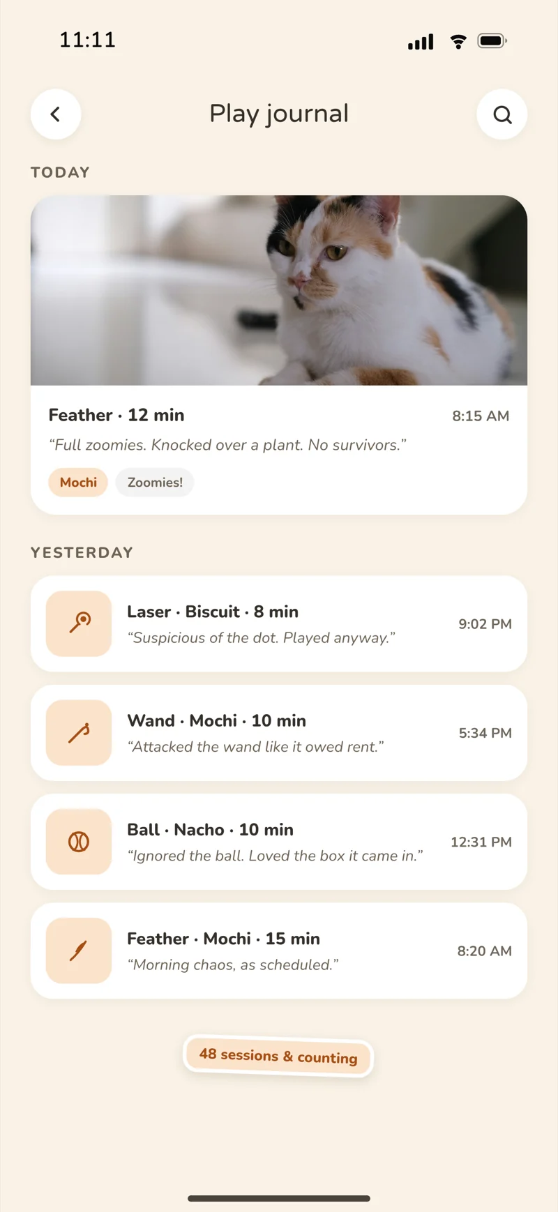 PurrPlay private pet diary with cat play sessions, photos, and notes