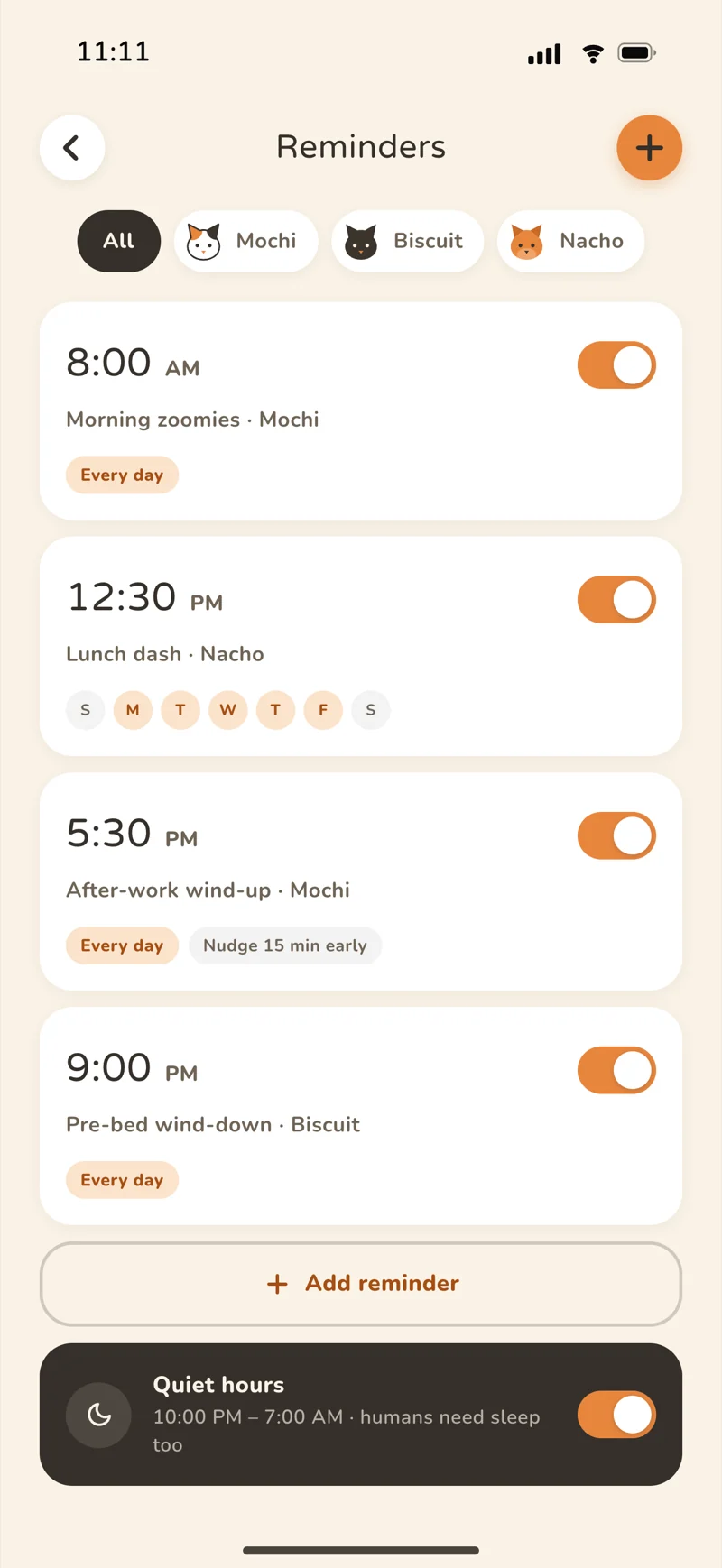 PurrPlay cat reminder schedule with days and playtimes