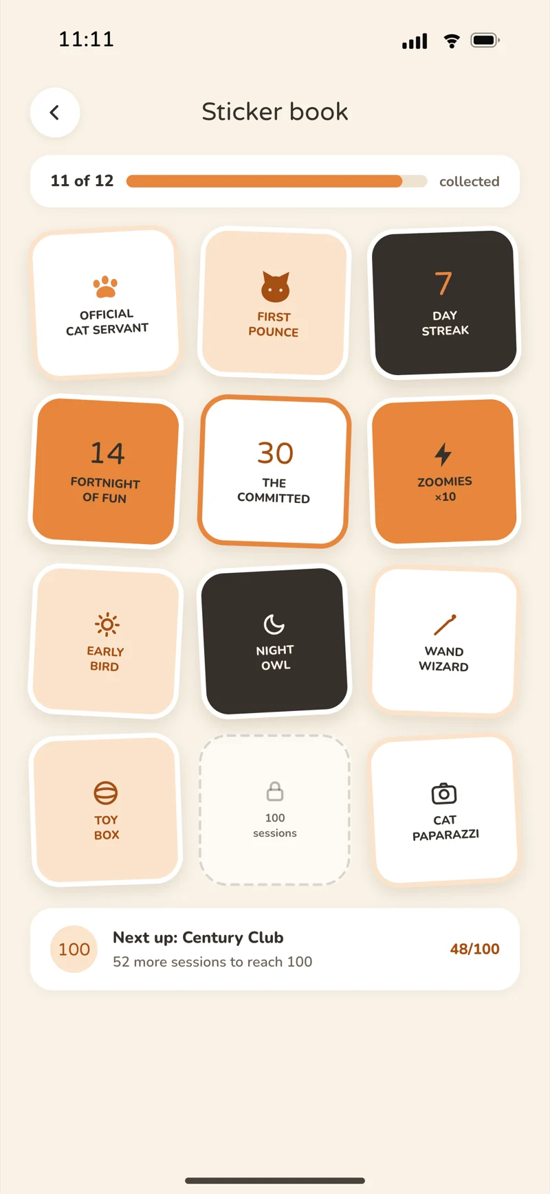PurrPlay cat play streak sticker book with playful milestones
