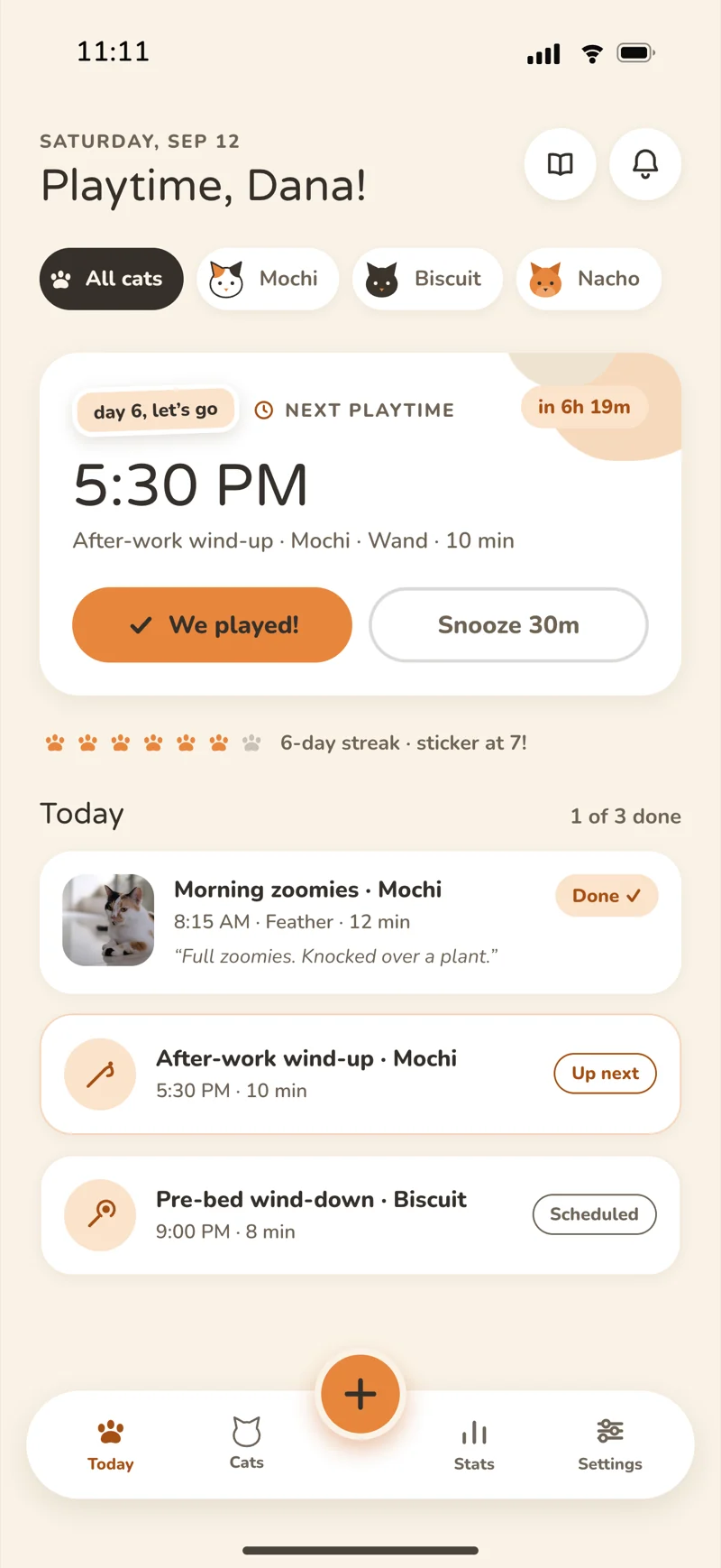 PurrPlay cat play tracker Today screen with the next reminder and logged sessions