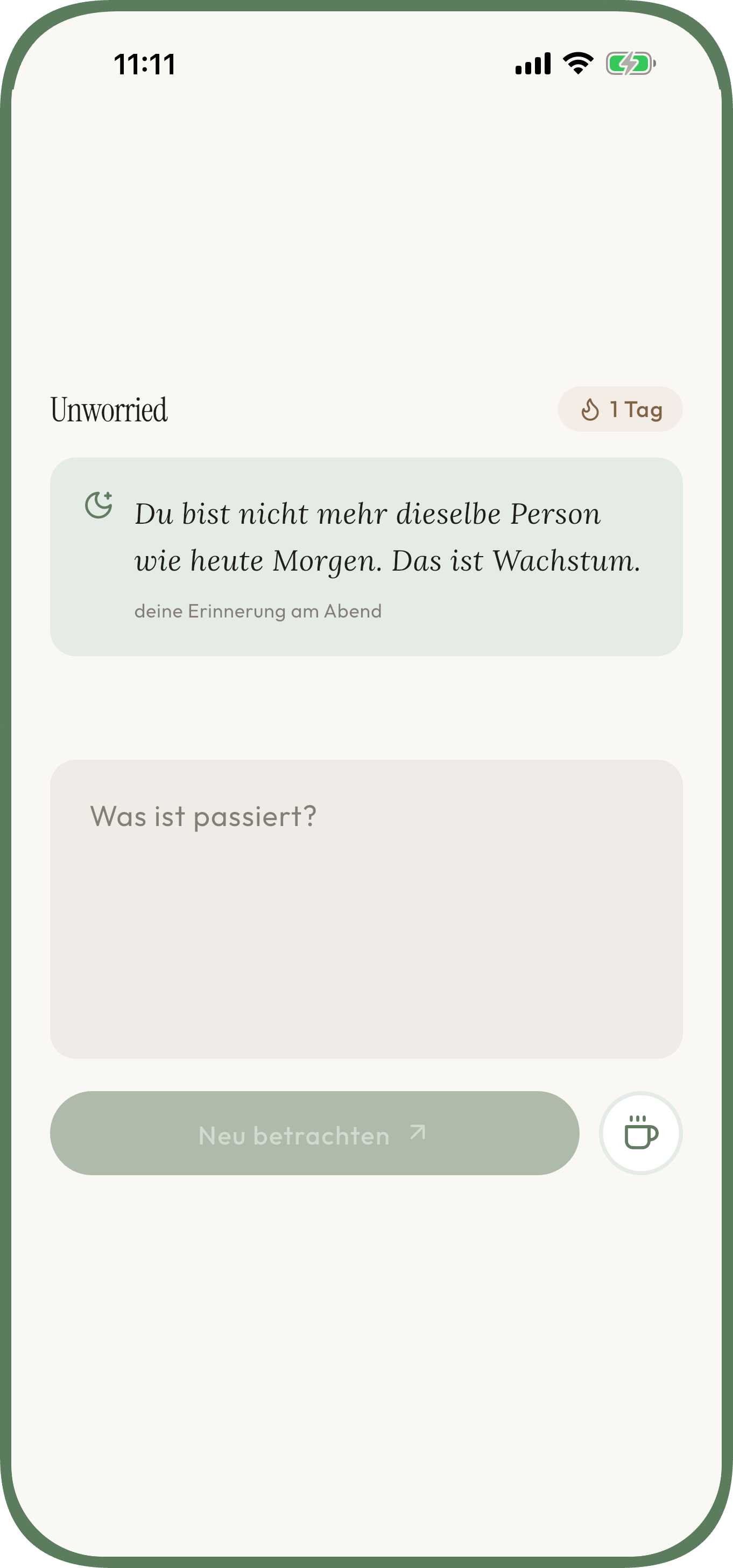 Unworried Bildschirm zum Aufschreiben einer Sorge und Erhalten einer ruhigen Perspektive — Angst — Schreib auf, was passiert ist