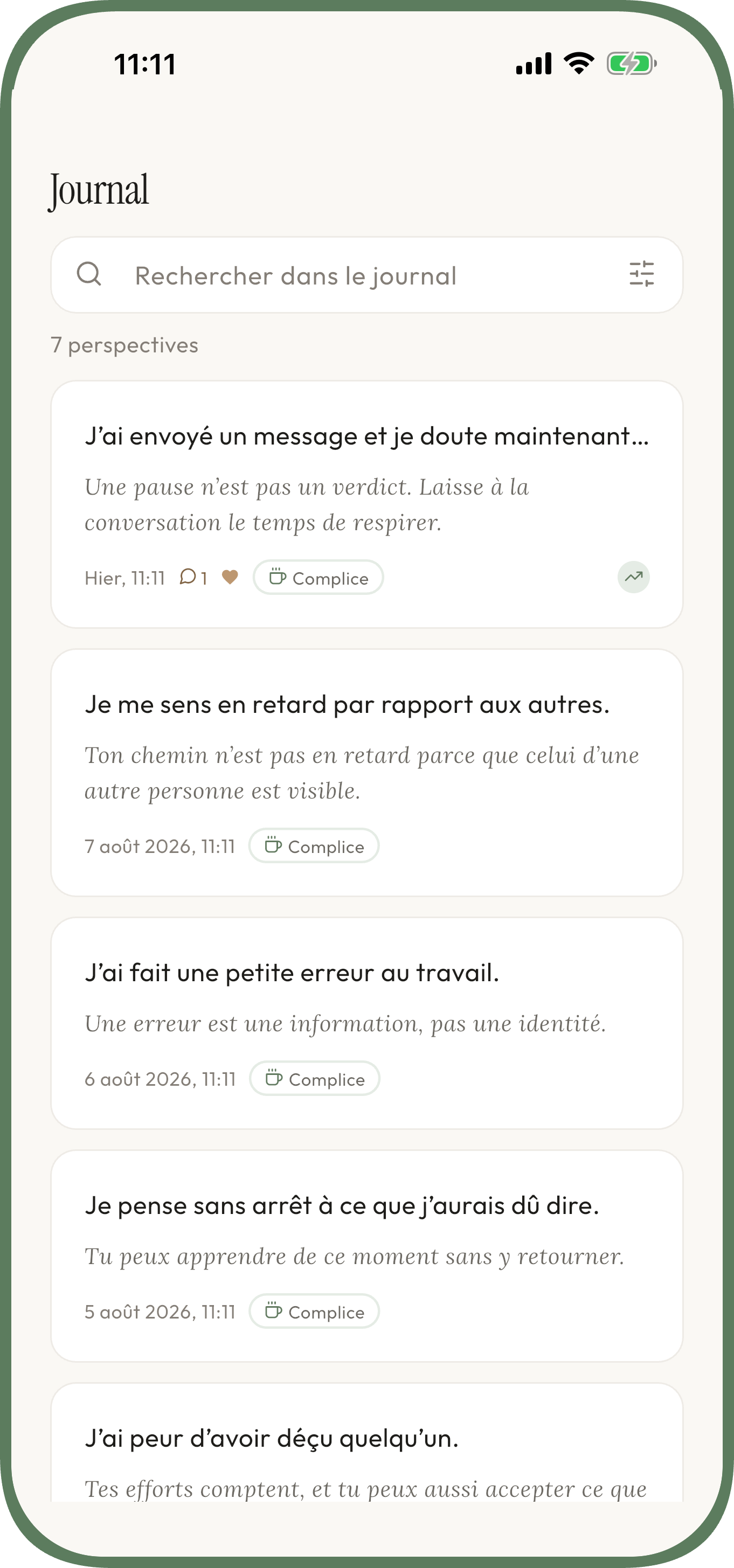 Écran Unworried pour écrire une inquiétude et recevoir un point de vue apaisant — anxiété — Entraîne cette habitude