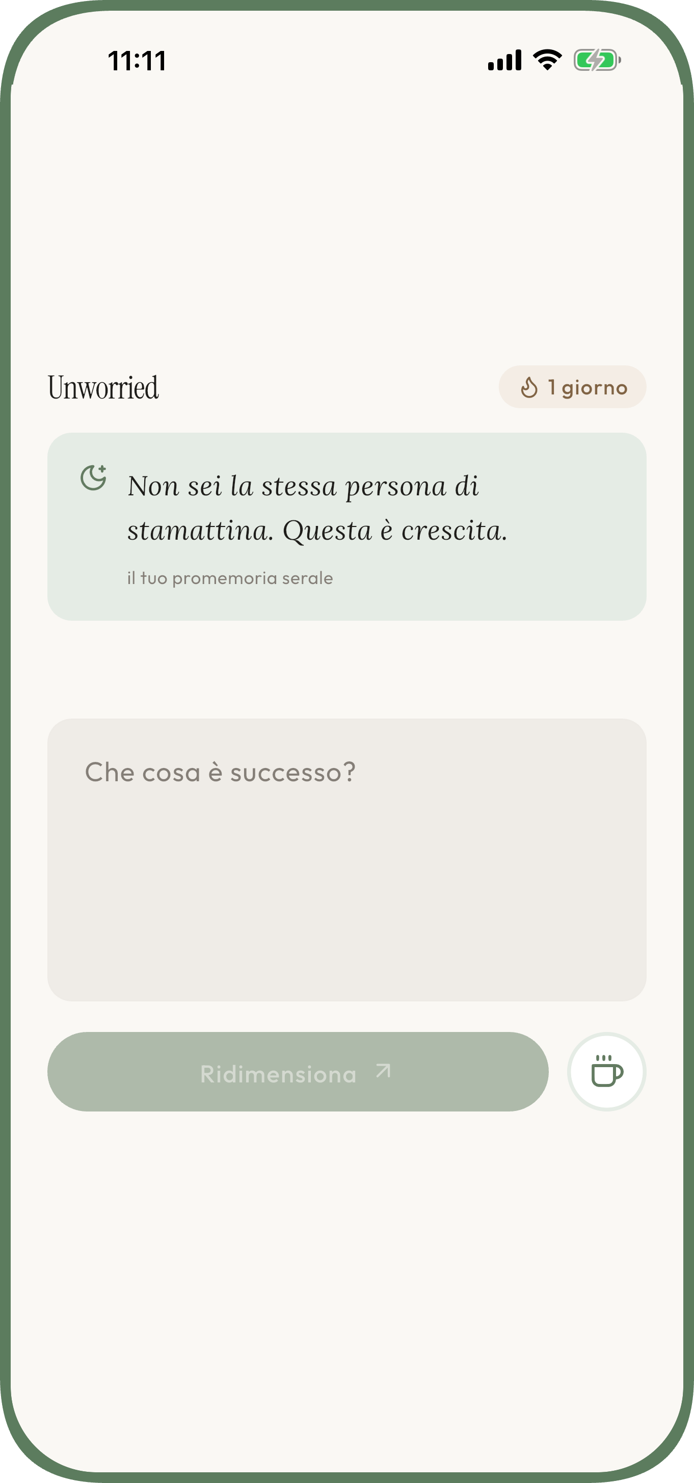 Schermata di Unworried per scrivere una preoccupazione e ricevere una prospettiva calma — ansia — Scrivi cosa è successo
