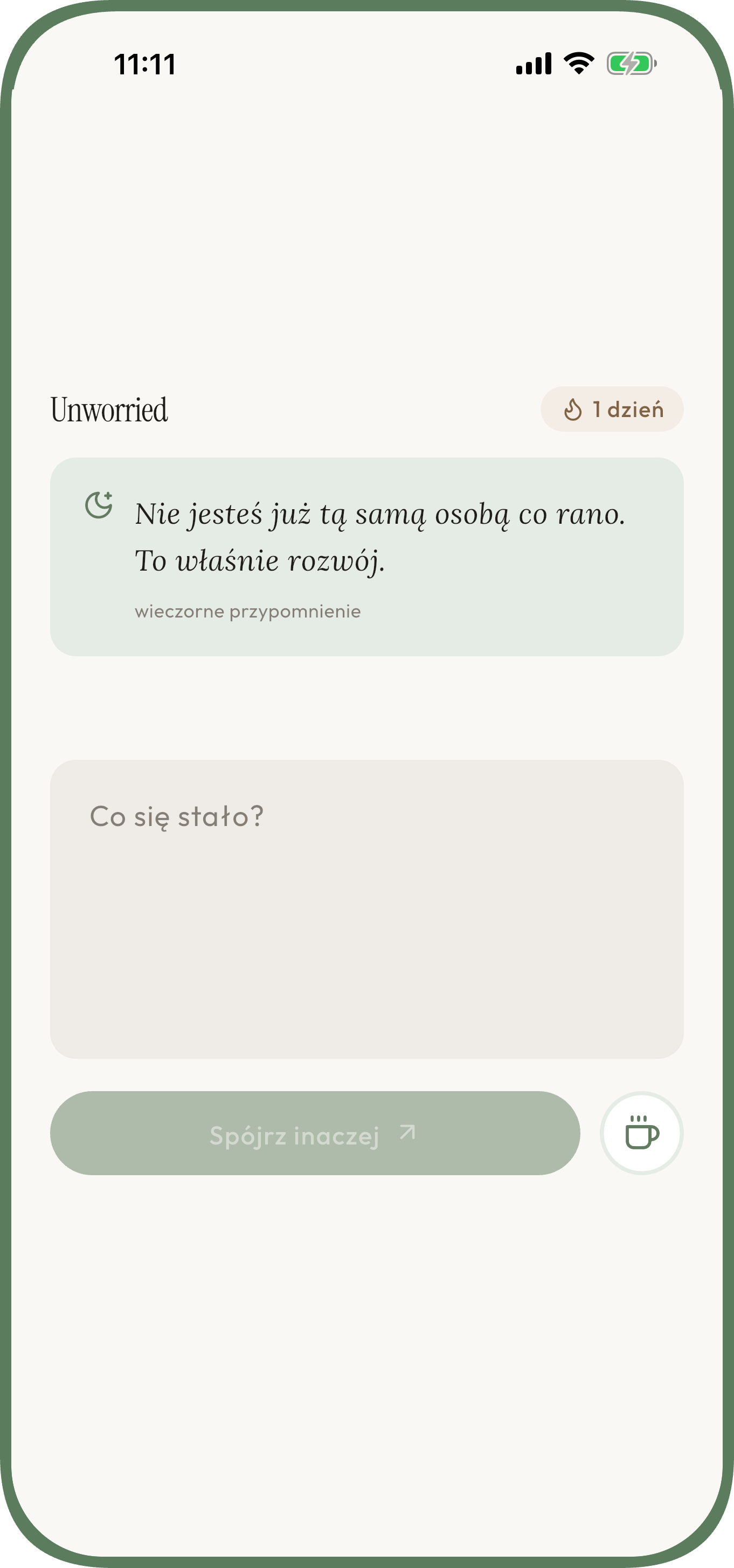 Ekran Unworried do opisania zmartwienia i otrzymania spokojnej perspektywy — lęk — Opisz, co się stało