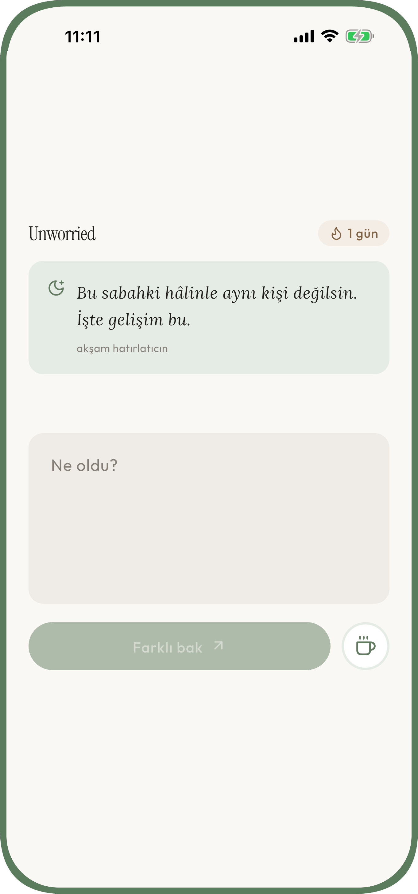 Endişeyi yazıp sakin bir bakış açısı almak için Unworried ekranı — anksiyete