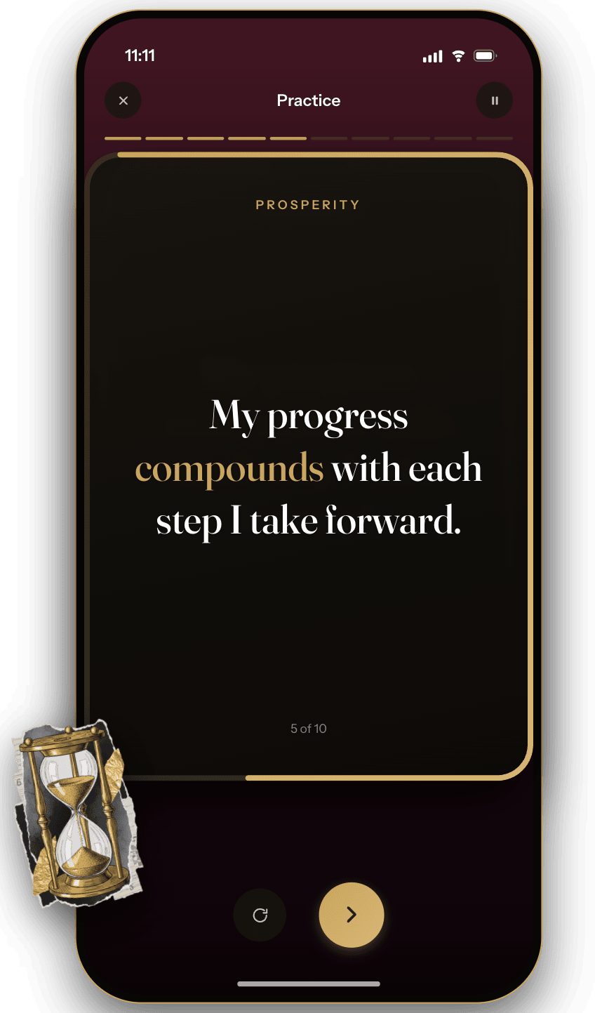 A timed practice session repeating one affirmation in Wealthy