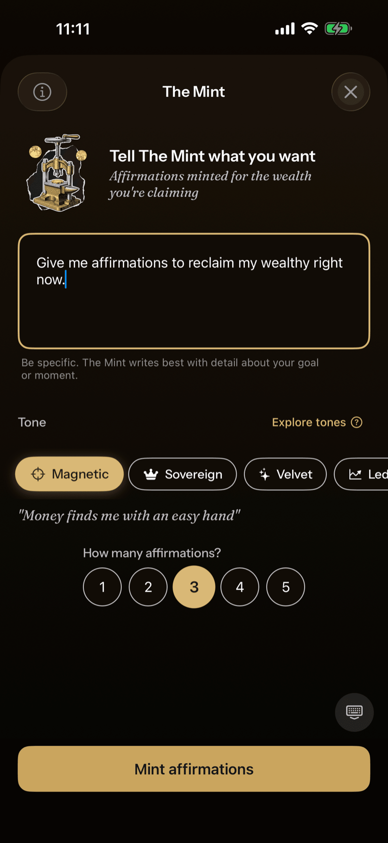 The Mint generating a personalized affirmation